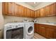 Functional laundry room features a washer, dryer, sink, countertop, and storage cabinets at 4467 Trailside Ln, Castle Rock, CO 80109