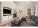 Cozy living room with a brick fireplace, custom built-ins, a large couch, and a patterned area rug at 4467 Trailside Ln, Castle Rock, CO 80109