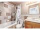 Inviting bathroom showcasing tiled tub, coordinated sink with vanity, and functional layout at 17665 E Temple Dr, Aurora, CO 80015