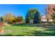 Landscaped backyard with lush green grass and mature trees at 449 Meadow View Pkwy, Erie, CO 80516