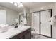 Stylish bathroom features a modern vanity with sleek countertops and a glass-enclosed shower at 507 Red Thistle Dr, Highlands Ranch, CO 80126