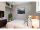 Modern bedroom features a wooden bedframe, mounted television, artwork and a leafy plant at 12743 Eudora Dr, Thornton, CO 80241