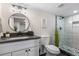 Modern bathroom with a glass-enclosed shower, stylish vanity, and contemporary fixtures at 1835 S Poplar St, Denver, CO 80224