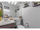 Cozy half bathroom with white fixtures, decorative shelves, and a modern sink, offering functionality and style in a compact space at 19935 E Stanford Dr, Centennial, CO 80015