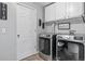 Laundry room with a front-load washer and dryer set and white cabinets at 19935 E Stanford Dr, Centennial, CO 80015
