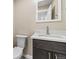 This powder room includes a vanity with white counters and a dark cabinet, and a toilet adding convenience at 11840 Elkhorn Dr, Franktown, CO 80116