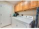 Efficient laundry room with upper cabinets, washer, dryer and access door at 20058 E Dartmouth Dr, Aurora, CO 80013