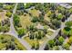 Aerial view capturing the property's mature trees, lush landscaping, and circular driveway at 4500 S Dasa Dr, Cherry Hills Village, CO 80111