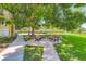 Enjoy the lush green courtyard with mature trees and comfortable benches for relaxing outdoors at 350 S Clinton St # 9B, Denver, CO 80247