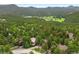 Panoramic aerial view of luxury homes nestled among lush green forests, with a tranquil lake in the distance at 29962 Troutdale Ridge Rd, Evergreen, CO 80439
