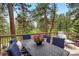 Inviting outdoor dining area on the deck with elegant seating amidst lush greenery and mature trees at 29962 Troutdale Ridge Rd, Evergreen, CO 80439