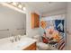 Bathroom featuring colorful shower curtain, wood vanity, and bright lighting at 1077 Salem St, Aurora, CO 80011