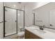 Modern bathroom featuring a glass-enclosed shower, white vanity, and elegant fixtures at 4331 Soapberry Pl, Castle Rock, CO 80108
