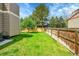 Lush, green backyard offers a private outdoor space bordered by a wood fence at 12433 Bellaire Dr, Thornton, CO 80241