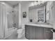 Modern bathroom featuring a shower over tub and gray vanity with a white countertop at 10095 S Shadow Hill Dr, Lone Tree, CO 80124