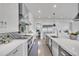 Modern kitchen features a stainless steel vent hood, white cabinetry, and a large kitchen island with a sink at 10095 S Shadow Hill Dr, Lone Tree, CO 80124