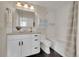 Charming bathroom featuring modern vanity, countertop, mirror, and subway tile in the shower at 1229 James Cir # 1, Lafayette, CO 80026