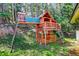 Backyard features a wooden playhouse with slide, swing, and climbing areas surrounded by greenery at 8340 London Ln, Conifer, CO 80433