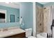 Bright bathroom with walk-in shower and new sink at 8340 London Ln, Conifer, CO 80433