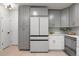Contemporary kitchen boasts sleek gray and white cabinetry, stainless appliances, and modern finishes at 6511 S Cedar St, Littleton, CO 80120