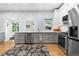Bright kitchen featuring gray cabinetry, stainless appliances, hardwood flooring, and a stylish floral area rug at 4501 Zenobia St, Denver, CO 80212
