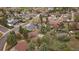 An aerial view of a landscaped backyard and patio area of a residence in a quiet neighborhood at 31 Circle Dr, Castle Rock, CO 80104