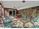 Covered patio with stone accent wall, outdoor seating, and sliding glass door at 2433 S Oneida St, Denver, CO 80224