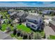 Aerial view of a backyard with mature trees, green grass, and cozy seating areas at 4858 S Tibet St, Aurora, CO 80015