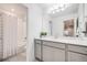Modern bathroom with dual vanity, a full shower, and bright lighting at 16673 E Virginia Ave, Aurora, CO 80017
