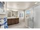The primary bathroom features double sinks, a large mirror, and a glass walk-in shower at 19131 E 65Th Ave, Denver, CO 80249