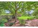 Serene backyard with lush landscaping, a mature tree, and stepping stones at 5480 S Holly St, Greenwood Village, CO 80111