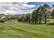 Expansive golf course view with manicured greens, sand traps, mature trees and mountain views in the distance at 6379 Spotted Fawn Run, Littleton, CO 80125