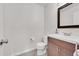 Cozy half-bathroom featuring updated fixtures and a vanity with storage at 8008 W Spanish Peak, Littleton, CO 80127