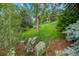 Lush backyard landscaping featuring a variety of trees, plants, rocks, and greenery at 19061 Eagle Ridge Dr, Golden, CO 80401