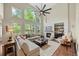 Bright living room with soaring windows, a contemporary fireplace, and an oversized ceiling fan at 19061 Eagle Ridge Dr, Golden, CO 80401