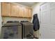 Convenient laundry room featuring modern washer and dryer units and cabinet storage at 2246 S Ensenada St, Aurora, CO 80013