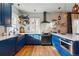 Modern kitchen with dark blue cabinets, white countertops, stainless steel appliances, and stylish lighting at 91 S Sherman St, Denver, CO 80209