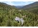 Aerial view showcases a house nestled amongst the trees in a valley setting at 239 Aspen Pl, Evergreen, CO 80439