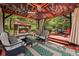 Cozy gazebo with fireplace, seating area, and decorative ceiling, great for outdoor living at 239 Aspen Pl, Evergreen, CO 80439