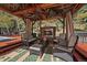 Cozy outdoor living space with a fireplace, plush seating, and a ceiling fan, creating a relaxing atmosphere at 239 Aspen Pl, Evergreen, CO 80439