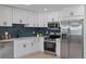 Modern kitchen featuring white cabinets, stainless steel appliances, and a sleek backsplash at 7830 Ladore St, Commerce City, CO 80022