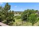 Backyard view from a wooden deck showcasing mature trees and a lush landscape at 603 E 2Nd Ave, Castle Rock, CO 80108