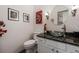 Half bath features elegant fixtures, modern lighting, and unique wall art at 6979 E Fremont Ave, Centennial, CO 80112