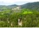 Majestic mountain home surrounded by green landscape and trees with a long driveway at 9633 Fox Valley Dr, Morrison, CO 80465