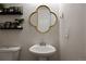 Small bathroom with pedestal sink and decorative mirror at 6211 Leilani Ln, Castle Rock, CO 80108