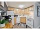 Compact kitchen featuring light wood cabinets, white appliances, and stylish decor at 1390 N Emerson St # 106, Denver, CO 80218