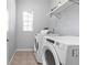 Clean and functional laundry room with modern washer and dryer, storage shelf, and window at 9080 W 100Th Way, Broomfield, CO 80021