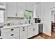 Kitchen with white cabinets, marble backsplash, modern appliances and a view from the window at 11788 E Atlantic Pl, Aurora, CO 80014