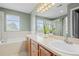 Bright bathroom features double sinks, tub, walk-in shower and a large window with views at 17808 E 104Th Pl # C, Commerce City, CO 80022