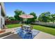 Backyard patio with outdoor dining set, blue rug and shade umbrella at 6074 S Dudley Way, Littleton, CO 80123